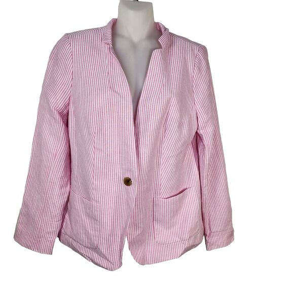 Talbots Woman Aberdeen Blazer Jacket Size 6 Linen Blend Pink Stripes Pockets - Picture 1 of 12